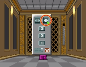 エレベータの中。正解のボタンは右上の閉じるボタン。次はLv04-Aへ。