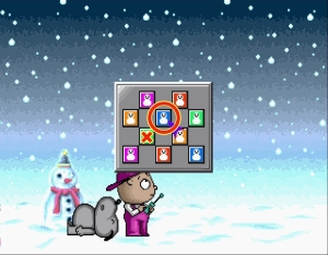 雪の降る空間。ここで犬のスティック君と合流。2段目中央の青いボタンでLv08-Aにワープ。3段目左にある緑のボタンは「モニュメント破壊ボタン」です。気になる方は押してみて。