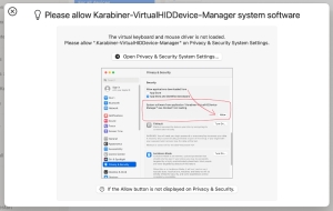 セキュリティ設定を変えるように指示があります。「Open Privacy & Security System Settings...」のボタンを押せば、macOSのシステム設定が開きます。